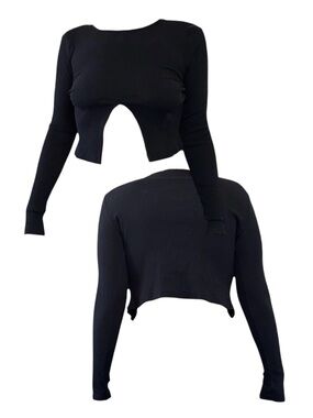 ASOS Black Ribbed Long-Sleeve Curved-Slit Crop Top